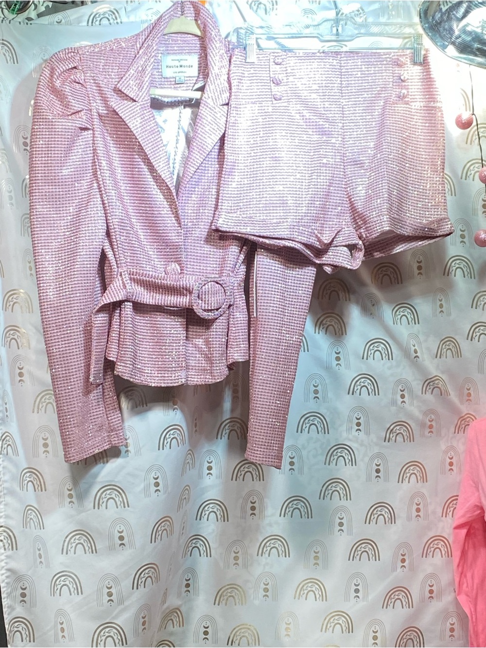 Haute Monde Pink Tweed Belted Blazer with Matching High-Waist Shorts